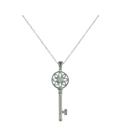 Sterling Silver Necklace 35mm Key Rd Flower Top with Clear Cubic Zirconia