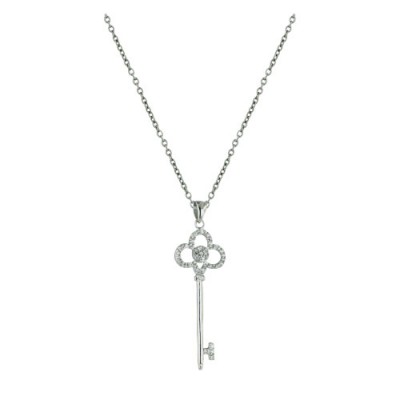 Sterling Silver Necklace 40mm Key Clover Top with Clear Cubic Zirconia