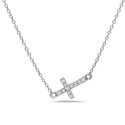 Sterling Silver Necklace 18mm Sideway Cross with Clear Cubic Zirconia