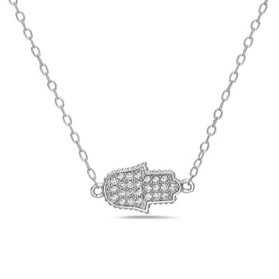 Sterling Silver Necklace 17mm Healing Hand Clear Cubic Zirconia Paved