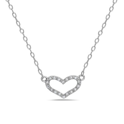 Sterling Silver Necklace Open Flat Heart with Clear Cubic Zirconia