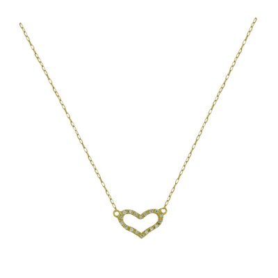 Sterling Silver Necklace Open Flat Gold Heart with Clear Cubic Zirconia