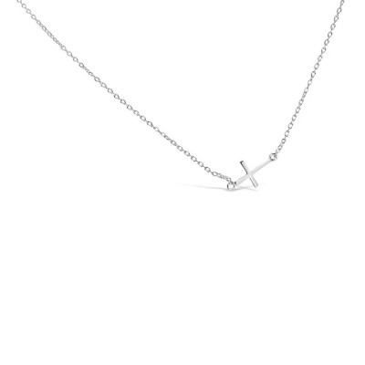 Sterling Silver Necklace 16.5Mm Plain Silver Sideway Cross-Ecoa