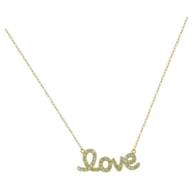 Sterling Silver Necklace Gold “Love” with Clear Cubic Zirconia