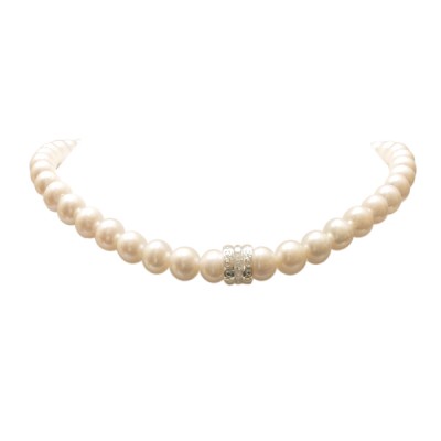 STERLING SILVER 18*10MM  FRESH WATER PEARLS NECKL+CL CUBIC ZIRCONIA ROW