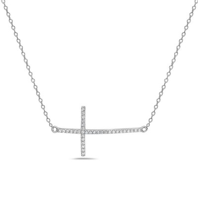 Sterling Silver Necklace Bent Sideway Clear Cubic Zirconia Cross