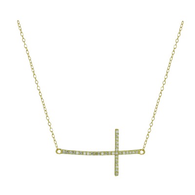 Sterling Silver Necklace Bent Sideway Clear Cubic Zirconia Cross
