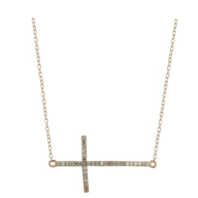Sterling Silver Necklace Bent Sideway Clear Cubic Zirconia Cross