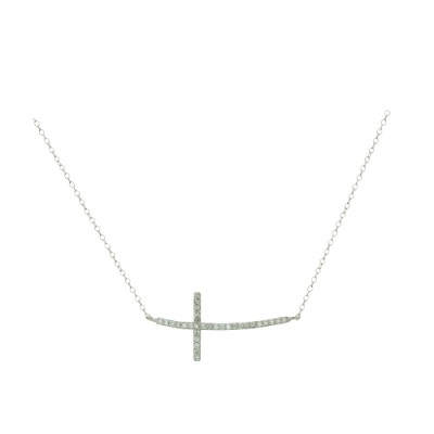 Sterling Silver Necklace Curved Sideway Clear Cubic Zirconia Cross