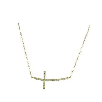 Sterling Silver Necklace Curved Sideway Clear Cubic Zirconia Cross