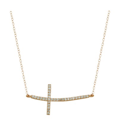 Sterling Silver Necklace Curved Sideway Clear Cubic Zirconia Cross