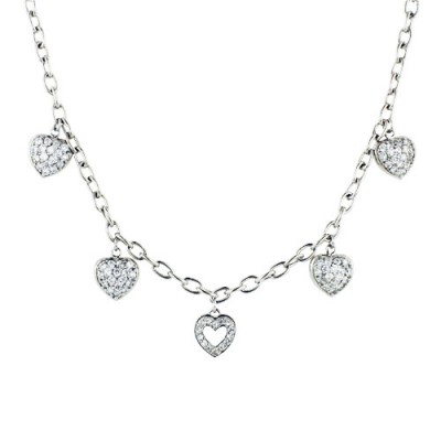 Sterling Silver Necklace 1 Open+4 Paved Heart Dome Clear Cubic Zirconia