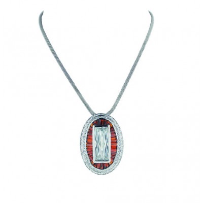 Sterling Silver Necklace 33X45 Oval Baugette Garnet Cubic Zirconia