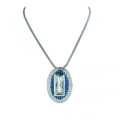 Sterling Silver Necklace 33X45 Oval Baugette Sapphire Crystal