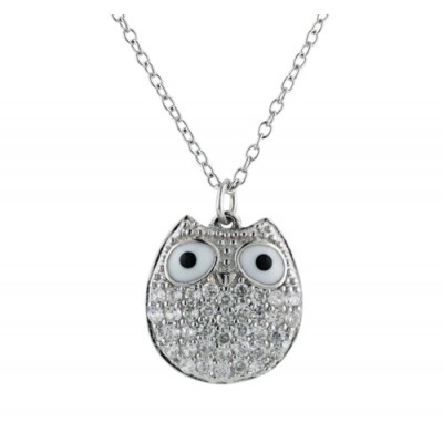 Sterling Silver Necklace Clear Cubic Zirconia Paved Owl with Enamel Eyes