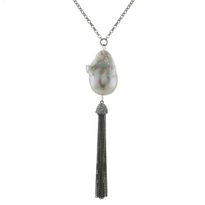 Sterling Silver Necklace Baroque Pearl Clear Cubic Zirconia Cap with Tassel