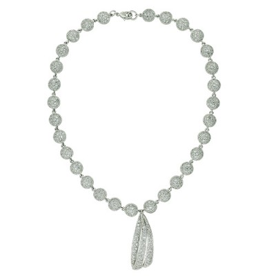 Sterling Silver Necklace Open Wave Puffy Disk Chain with Clear Cubic Zirconia