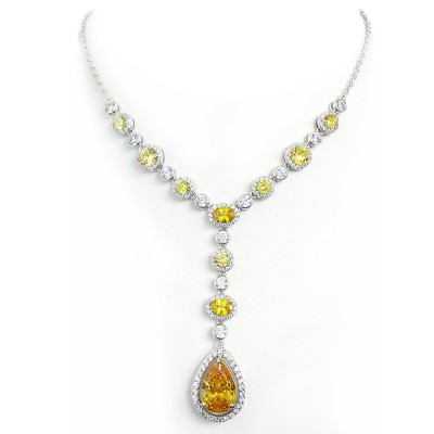 Sterling Silver Necklace Rd/Td/Oval Canary in Clear Cubic Zirconia Bezel