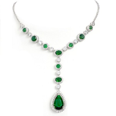 Sterling Silver Necklace Rd/Td/Oval Green in Clear Cubic Zirconia Bezel