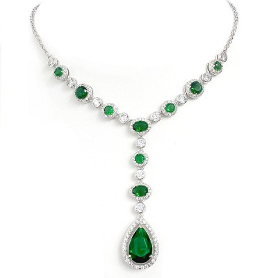 Sterling Silver Necklace Rd/Td/Oval Green in Clear Cubic Zirconia Bezel