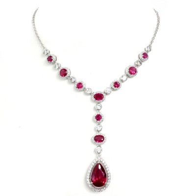 Sterling Silver Necklace Rd/Td/Oval Ruby Cubic Zirconia in Clear Cubic Zirconia Bezel
