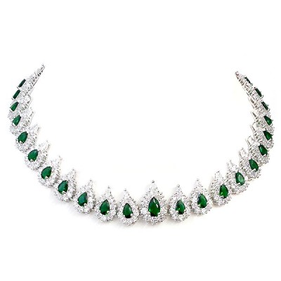 Sterling Silver Ncklace Emerald Glass Tear Drop in Clear Cubic Zirconia Tear Drop