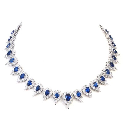 Sterling Silver Ncklace Blue Rare Earth Tear Drop in Clear Cubic Zirconia Tear Drop