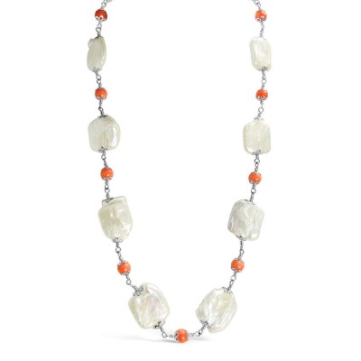 Sterling Silver Necklace Coral Bead+Wht Fresh Water Pearl (Irregular)
