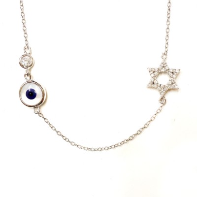 Sterling Silver Necklace D. Blue Eye with Open Clear Cubic Zirconia Star of David