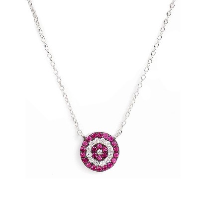 Sterling Silver Necklace Ruby Cubic Zirconia Eye with Clear Cubic Zirconia -Ruth Plated-
