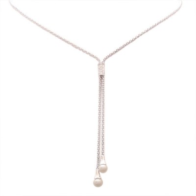 Sterling Silver Necklace Y Shaped Clear Cubic Zirconia Rectangular Mid with 2 Faux Pearl
