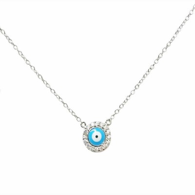 Sterling Silver Necklace Light Blue Enamel Evil Eye with Clear Cubic Zirconia Around