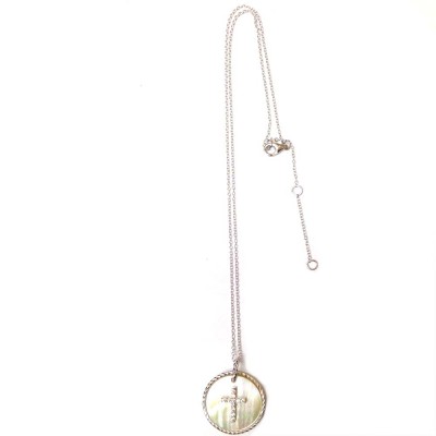 Sterling Silver Necklace Movable Round Mother of Pearl with Clear Cubic Zirconia Cross 16+2"