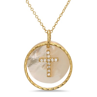 STERLING SILVER NCKL MOVABLE ROUND MOP W CL CUBIC ZIRCONIA CROSS 16+2"