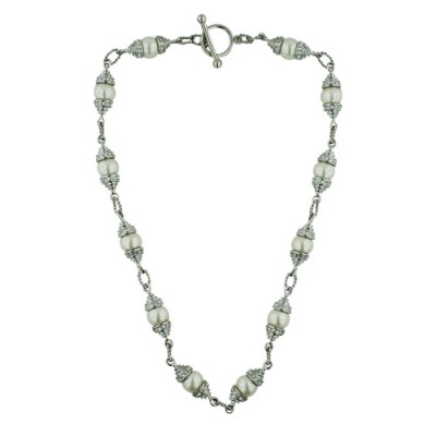 STAINLESS NECKLACE 18" 12MM WHITE PEARL WITH CLEAR CUBIC ZIRCONIA STATIO PCl