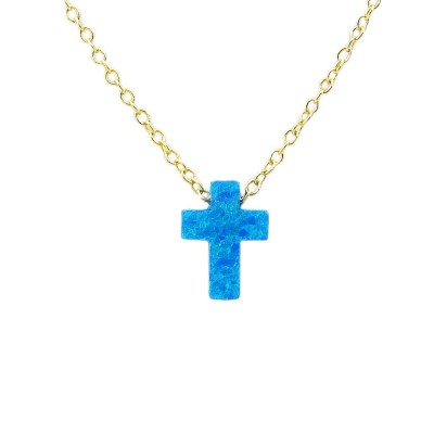 STERLING SILVER NECKLACE SYNTHETIC DARK BLUE OPAL CROSS*GOLD