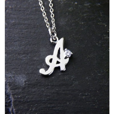 Sterling Silver NECKLACE INITIAL SCRIPT A WITH A PIECE OF CZ