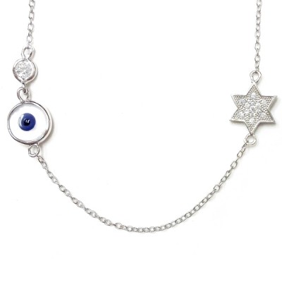 Sterling Silver Necklace Dark Blue Eye with Clear Cubic Zirconia Star of David