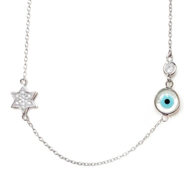 Sterling Silver Necklace Light Blue Eye with Clear Cubic Zirconia Star of David