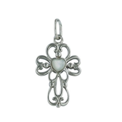 Brass Open Filigree Cross W/ Heart Mop Center, White