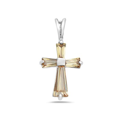 Sterling Silver Pendant Baguette Champagne Cubic Zirconia Cross