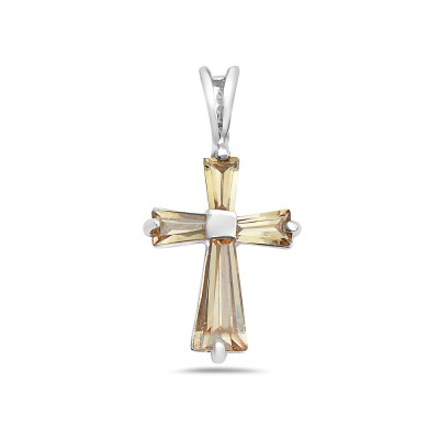 Sterling Silver Pendant Baguette Champagne Cubic Zirconia Cross