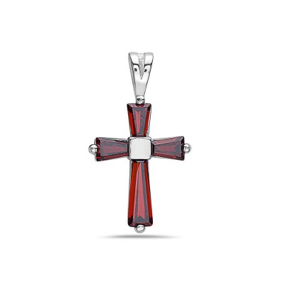 Sterling Silver Pendant Garnet Cubic Zirconia Cross Baguette