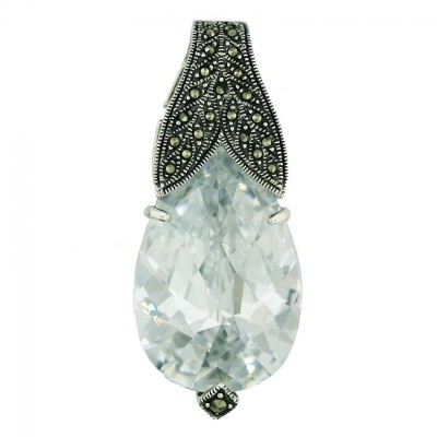Marcasite Pendant Chess Cut Tear Drop Clear Cubic Zirconia with Fish Tail Slide