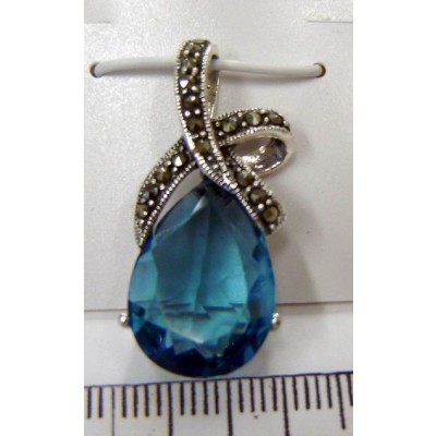 Marcasite Pendant 'X' Top with Blue Topaz Glass Tear Drop