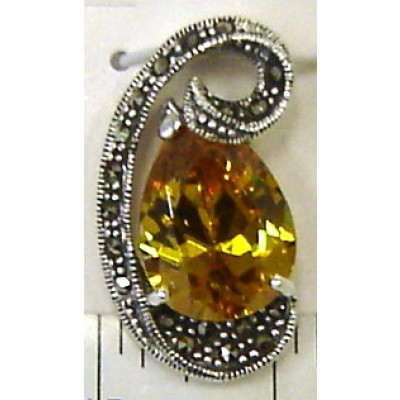 Marcasite Pendant '6' Shape with Citrine Cubic Zirconia Tear Drop
