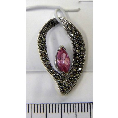 Marcasite Pendant Open Wavy with Pink Cubic Zirconia Marquis