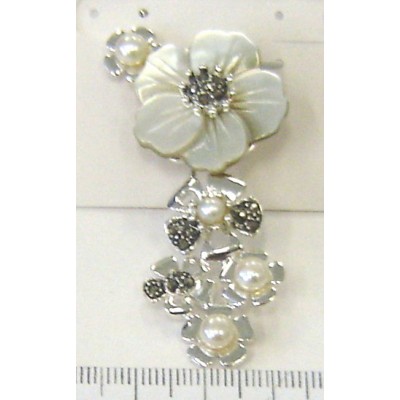 Marcasite Pendant Black Mother of Pearl Flower with White Fresh Water Pearl Flowery