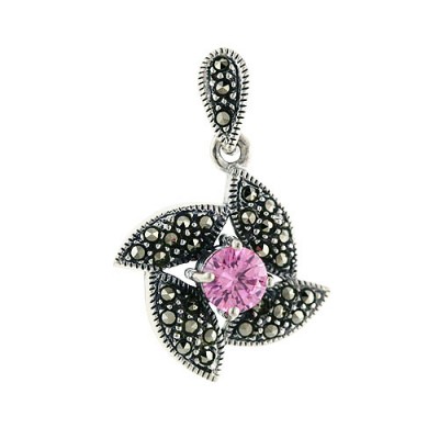 Marcasite Pendant 6mm Pink Cubic Zirconia with 4 Marquis Sided