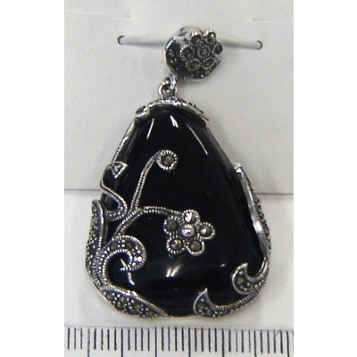 Marcasite Pendant Flowery Motif Onyx Triangle